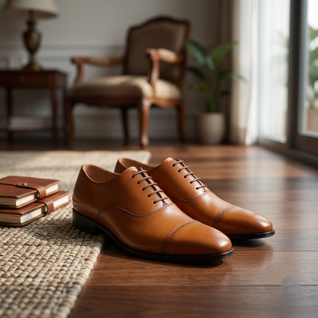 Men's Cognac Tan Leather Cap-Toe Oxford Shoes
